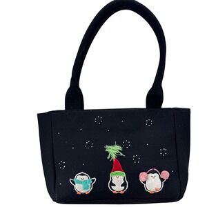 Black Penguin Embroidered Wool Blend Tote Bag‎ Cute Holiday Winter Accessory